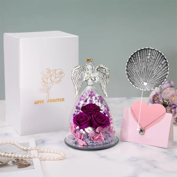 Angel Rose Figurines,Roses Gifts For Women,Preserved Rose In Angel Glass Cover,3 Head Roses Valentine Mothers Day Birthday Gift - Image 3