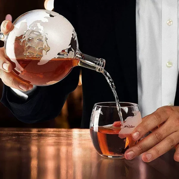 Creative Globe Decanter Set with Lead-free Carafe Exquisite Wood-stand and 2 Whisky Glasses Whiskey Decanter Globe Grade Gift - Image 3