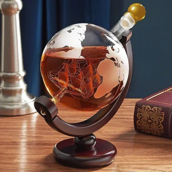 Creative Globe Decanter Set with Lead-free Carafe Exquisite Wood-stand and 2 Whisky Glasses Whiskey Decanter Globe Grade Gift - Image 2